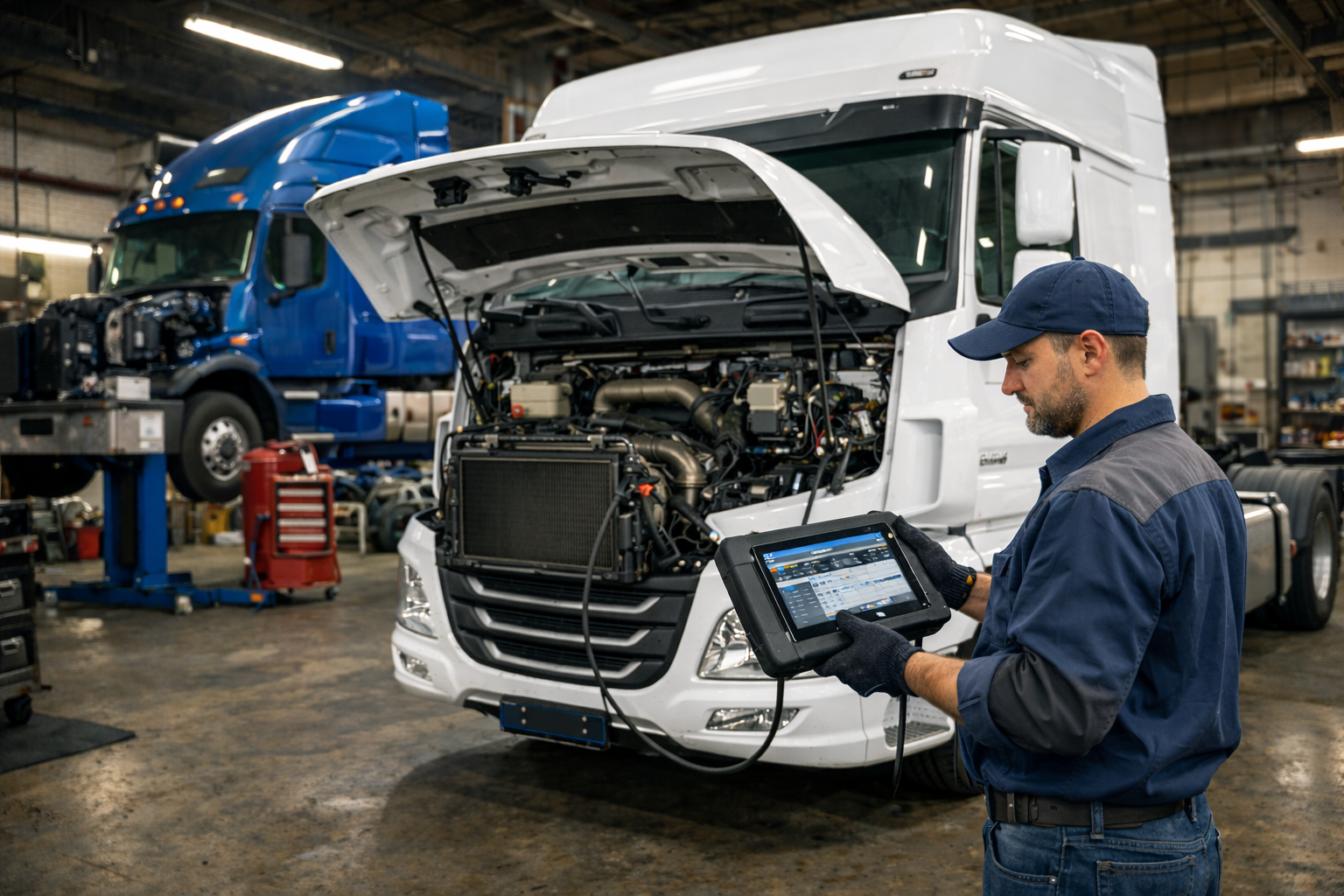Mechanik wykonujący diagnostykę komputerową europejskiej ciężarówki w warsztacie serwisowym przy użyciu profesjonalnego testera diagnostycznego.