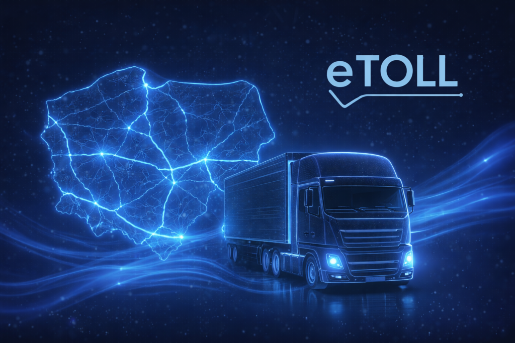Ciężarówka poruszająca się po Polsce w systemie e-TOLL, z podświetloną mapą kraju i logo e-TOLL symbolizującymi elektroniczny pobór opłat drogowych