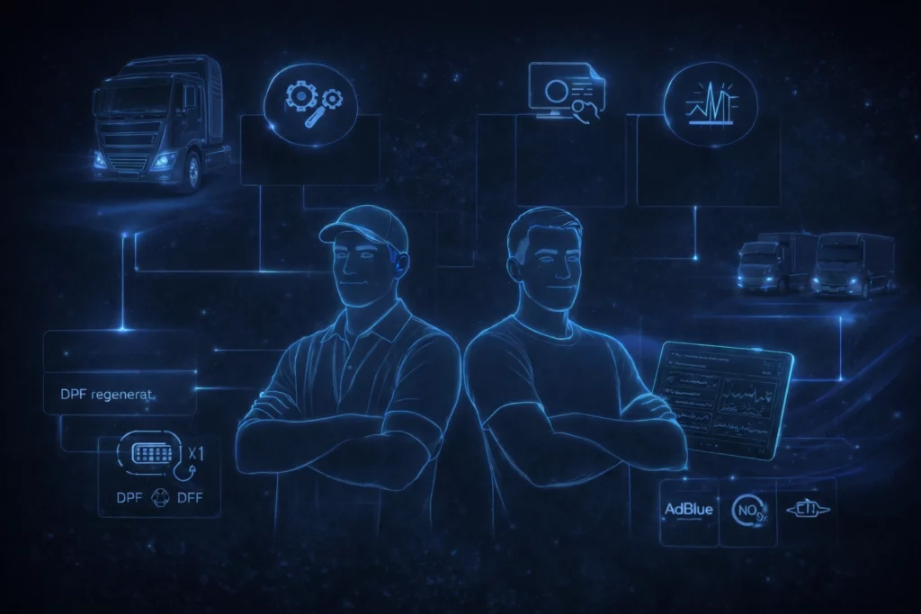 Ilustracja przedstawiająca hybrydową diagnostykę europejskich ciężarówek bez maski, łączącą zdalną analizę danych i diagnostykę warsztatową w nowoczesnym, technologicznym stylu.