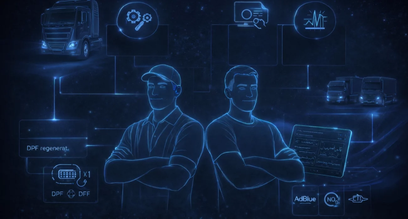 Ilustracja przedstawiająca hybrydową diagnostykę europejskich ciężarówek bez maski, łączącą zdalną analizę danych i diagnostykę warsztatową w nowoczesnym, technologicznym stylu.