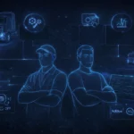 Ilustracja przedstawiająca hybrydową diagnostykę europejskich ciężarówek bez maski, łączącą zdalną analizę danych i diagnostykę warsztatową w nowoczesnym, technologicznym stylu.