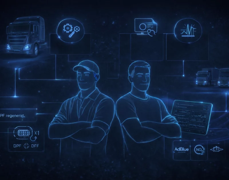 Ilustracja przedstawiająca hybrydową diagnostykę europejskich ciężarówek bez maski, łączącą zdalną analizę danych i diagnostykę warsztatową w nowoczesnym, technologicznym stylu.