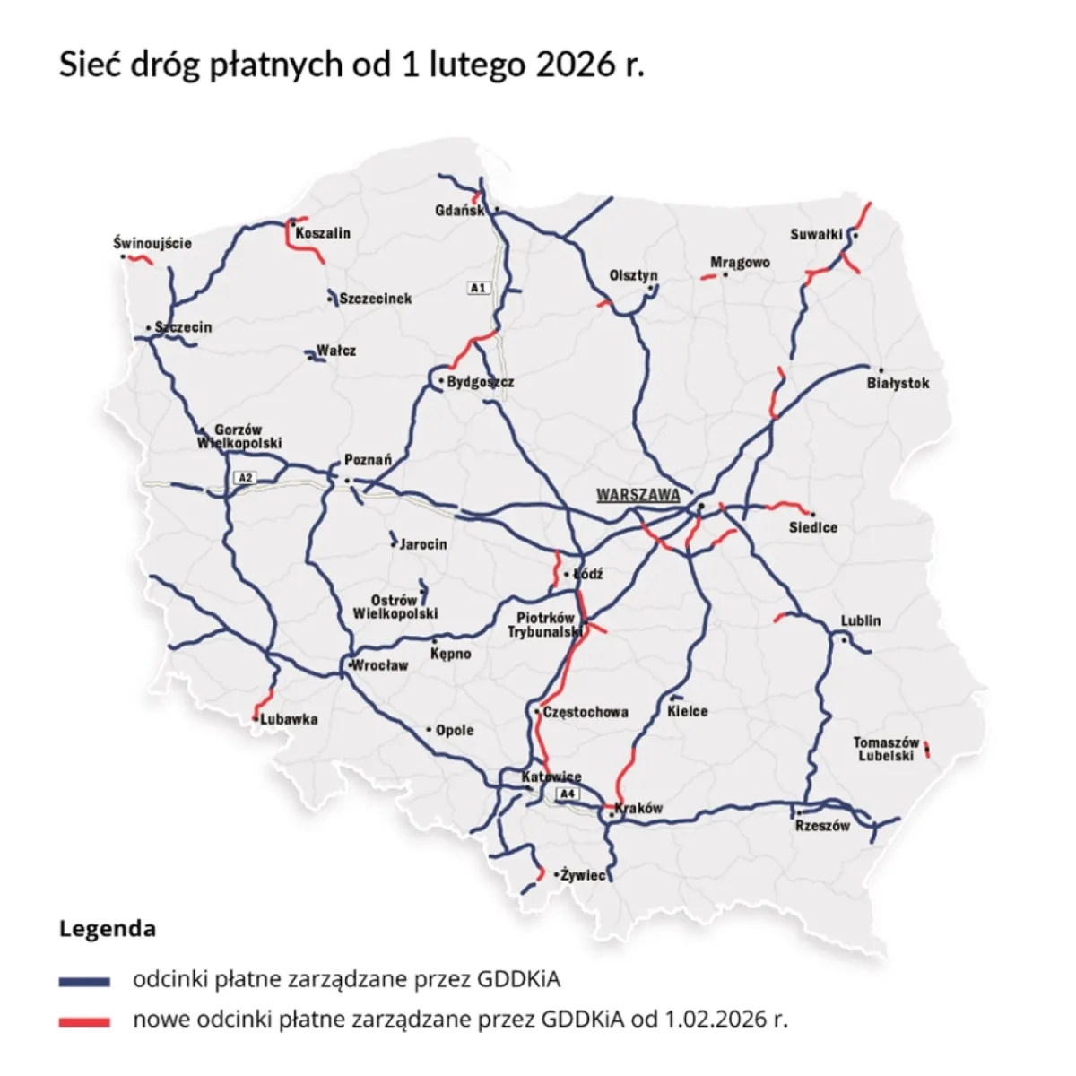 Mapa Polski z zaznaczoną siecią dróg płatnych e-TOLL oraz nowymi odcinkami objętymi opłatami od 1 lutego 2026 roku.