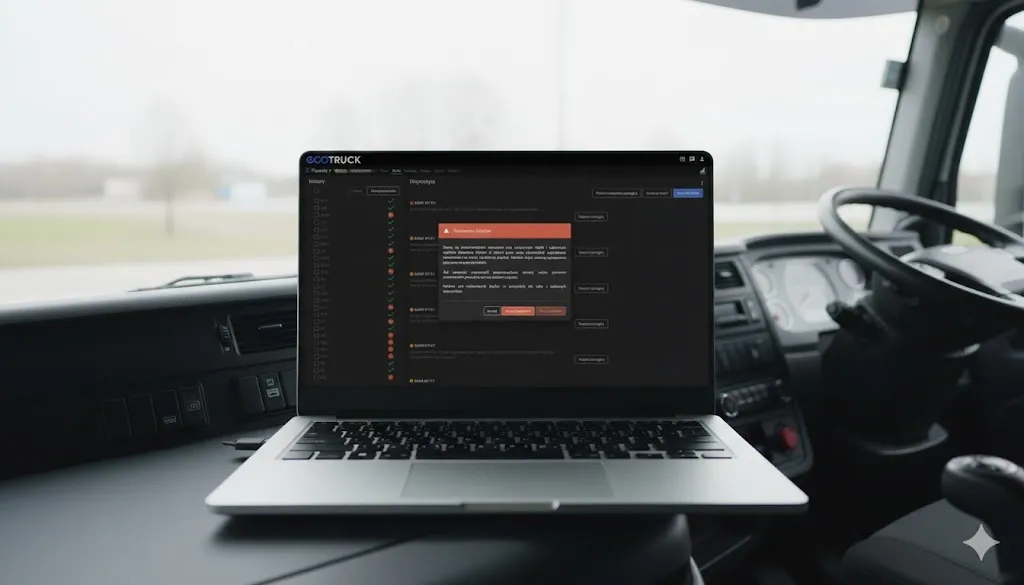 Laptop z uruchomionym systemem ecoTRUCK umieszczony w kabinie ciężarówki, prezentujący panel zdalnej diagnostyki pojazdu.