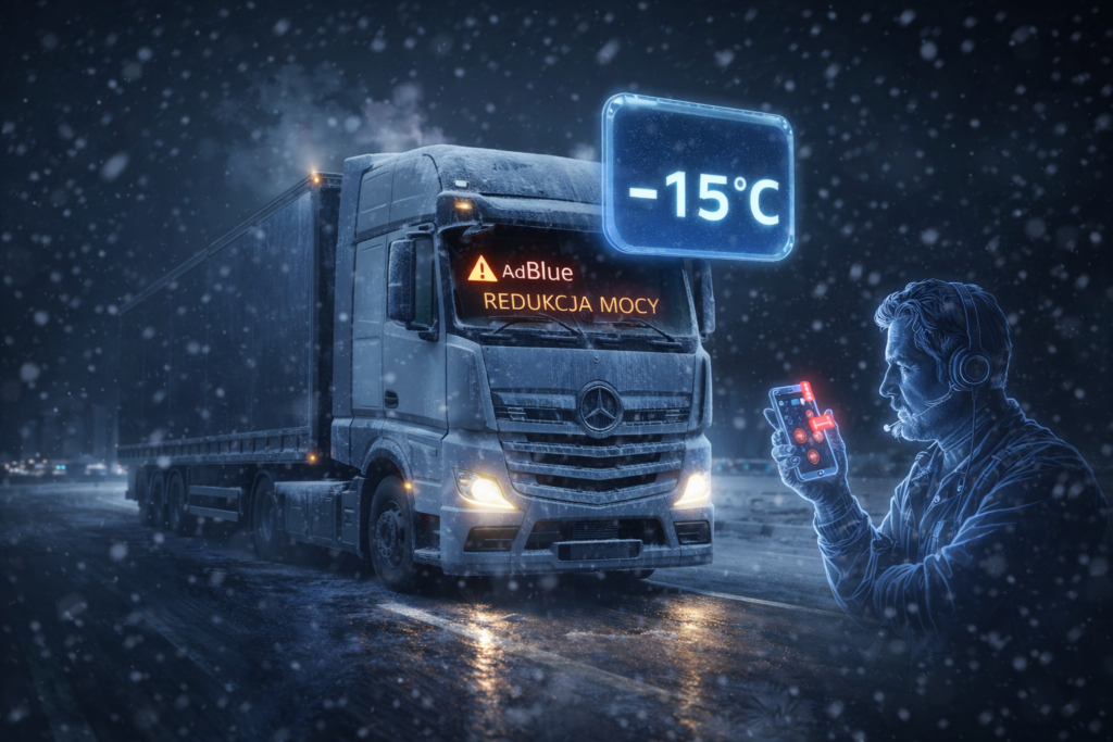 Europejska ciężarówka unieruchomiona zimą na autostradzie przy temperaturze -15°C, z komunikatem „AdBlue – redukcja mocy” i elementami zdalnego monitoringu.