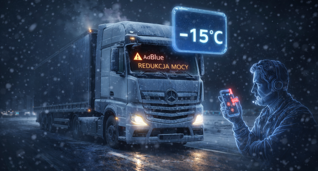 Europejska ciężarówka unieruchomiona zimą na autostradzie przy temperaturze -15°C, z komunikatem „AdBlue – redukcja mocy” i elementami zdalnego monitoringu.
