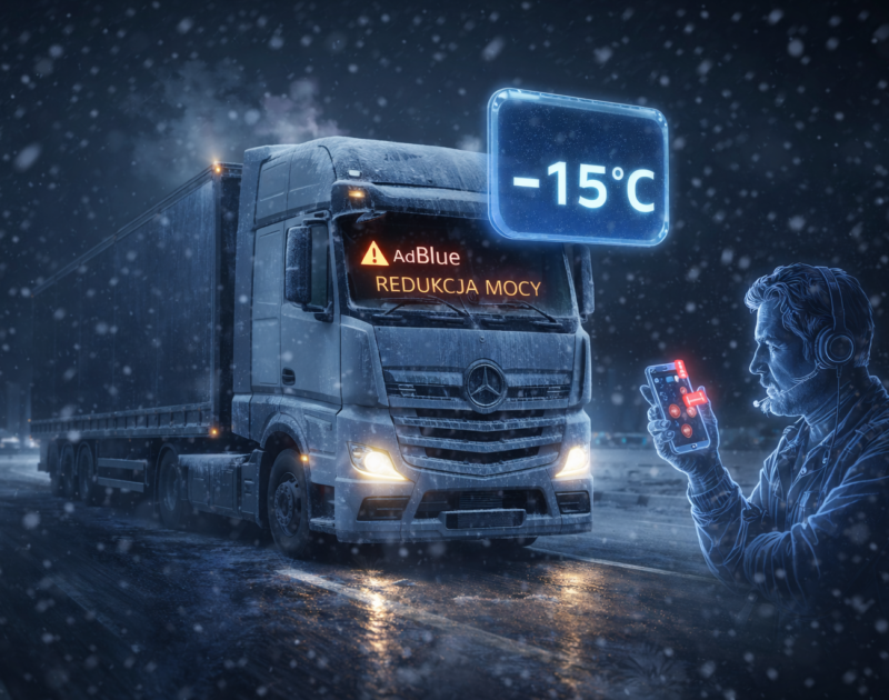 Europejska ciężarówka unieruchomiona zimą na autostradzie przy temperaturze -15°C, z komunikatem „AdBlue – redukcja mocy” i elementami zdalnego monitoringu.
