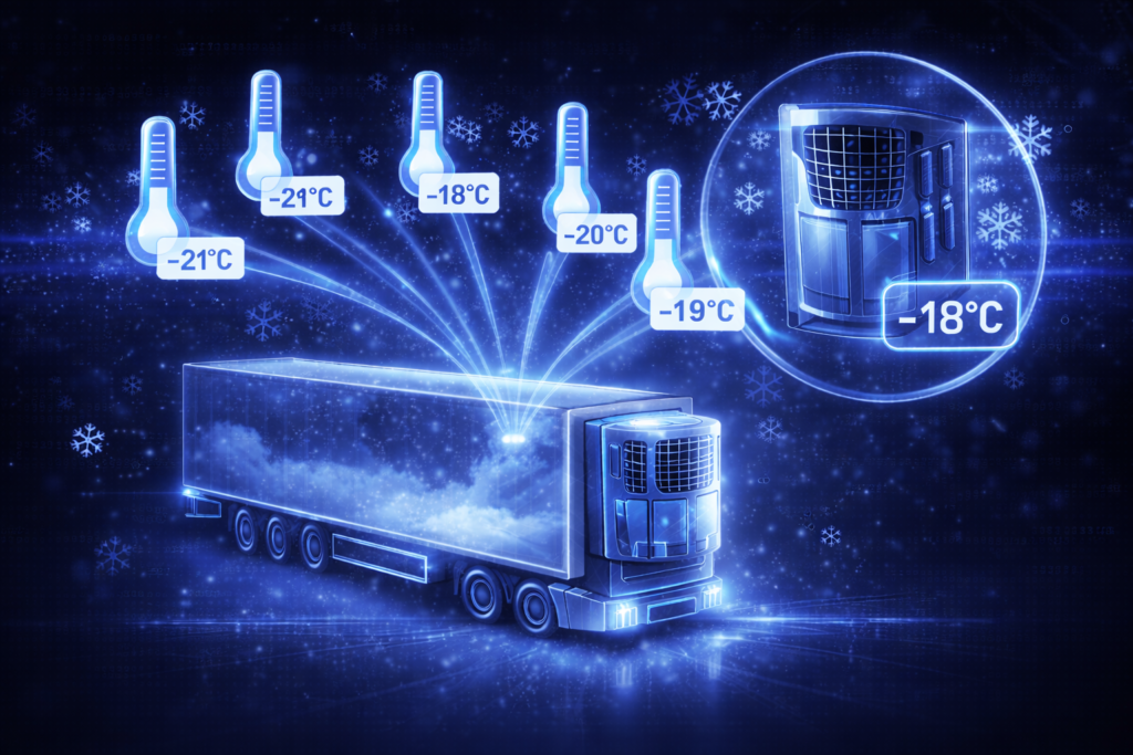 Futurystyczna, niebieska grafika przedstawiająca naczepę chłodniczą z widocznym agregatem chłodniczym oraz holograficznymi ikonami termometrów pokazującymi temperatury od -21°C do -18°C. Wokół widoczne są symbole śnieżynek i cyfrowe efekty świetlne, podkreślające zdalny monitoring i kontrolę temperatury w czasie rzeczywistym.