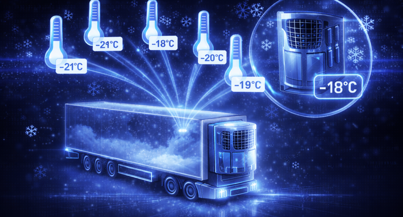 Futurystyczna, niebieska grafika przedstawiająca naczepę chłodniczą z widocznym agregatem chłodniczym oraz holograficznymi ikonami termometrów pokazującymi temperatury od -21°C do -18°C. Wokół widoczne są symbole śnieżynek i cyfrowe efekty świetlne, podkreślające zdalny monitoring i kontrolę temperatury w czasie rzeczywistym.