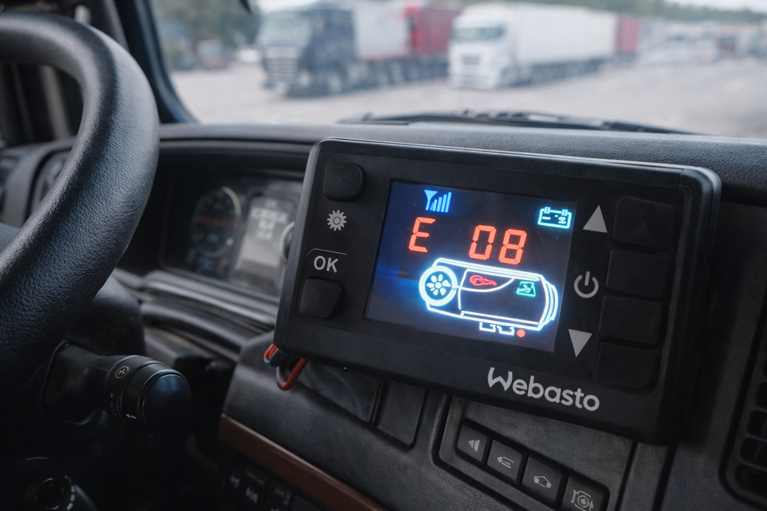 Panel sterowania Webasto w kabinie ciężarówki wyświetlający błąd E08 na ekranie, zamontowany na desce rozdzielczej pojazdu ciężarowego.