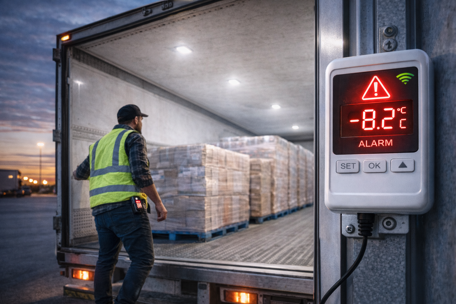 Kierowca ciężarówki sprawdza ładunek w naczepie chłodniczej, a czujnik temperatury pokazuje alarm i odchylenie temperatury podczas transportu.