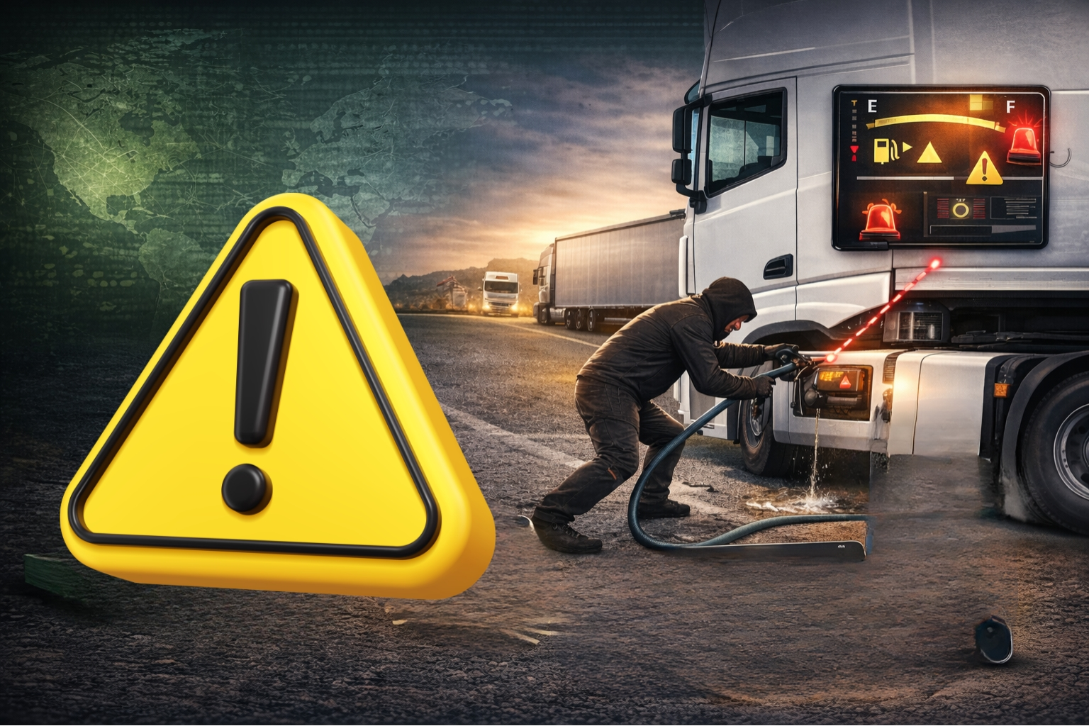 Ilustracja przedstawiająca kradzież paliwa z ciężarówki oraz alarm i powiadomienie systemu monitoringu.