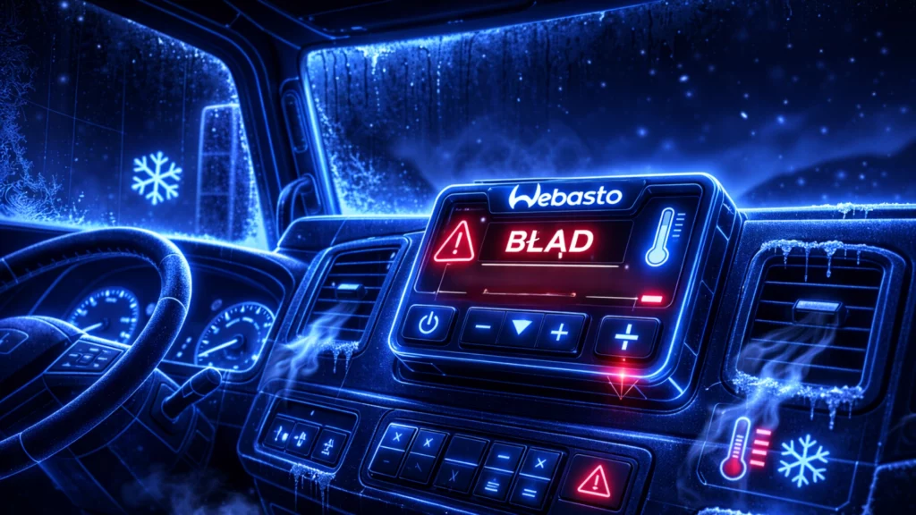 Wnętrze kabiny ciężarówki w neonowo-niebieskiej stylistyce. Na panelu sterowania Webasto widoczny czerwony komunikat „BŁĄD – OGRZEWANIE NIE DZIAŁA”. Na szybach i desce rozdzielczej widoczny szron, a wskaźniki temperatury pokazują niską wartość, podkreślając zimno panujące w środku pojazdu.