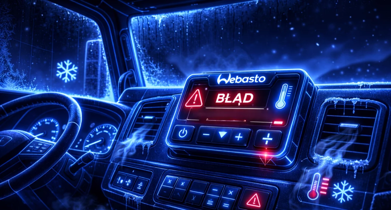 Wnętrze kabiny ciężarówki w neonowo-niebieskiej stylistyce. Na panelu sterowania Webasto widoczny czerwony komunikat „BŁĄD – OGRZEWANIE NIE DZIAŁA”. Na szybach i desce rozdzielczej widoczny szron, a wskaźniki temperatury pokazują niską wartość, podkreślając zimno panujące w środku pojazdu.