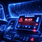 Wnętrze kabiny ciężarówki w neonowo-niebieskiej stylistyce. Na panelu sterowania Webasto widoczny czerwony komunikat „BŁĄD – OGRZEWANIE NIE DZIAŁA”. Na szybach i desce rozdzielczej widoczny szron, a wskaźniki temperatury pokazują niską wartość, podkreślając zimno panujące w środku pojazdu.