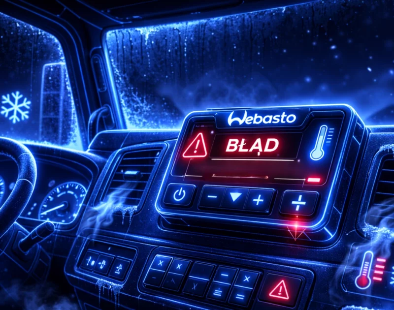 Wnętrze kabiny ciężarówki w neonowo-niebieskiej stylistyce. Na panelu sterowania Webasto widoczny czerwony komunikat „BŁĄD – OGRZEWANIE NIE DZIAŁA”. Na szybach i desce rozdzielczej widoczny szron, a wskaźniki temperatury pokazują niską wartość, podkreślając zimno panujące w środku pojazdu.