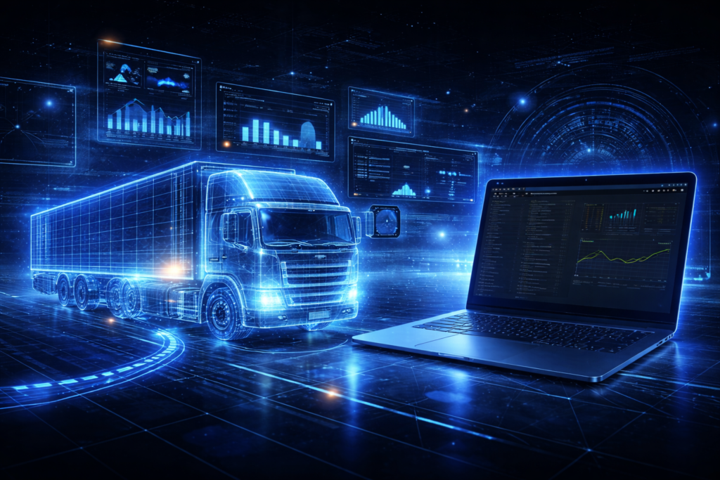Futurystyczna wizualizacja ciężarówki w formie hologramu połączonej z laptopem i wykresami danych, symbolizująca zdalny monitoring parametrów pojazdu w czasie rzeczywistym w systemie ecoTRUCK.