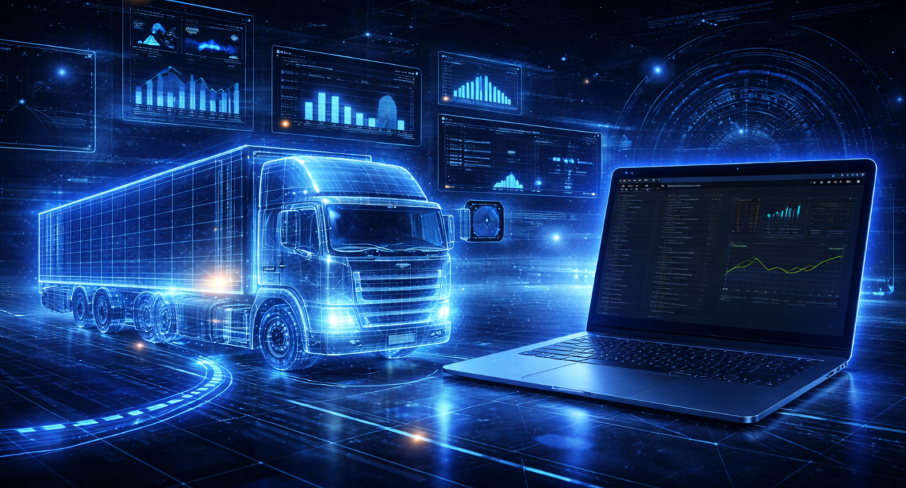 Futurystyczna wizualizacja ciężarówki w formie hologramu połączonej z laptopem i wykresami danych, symbolizująca zdalny monitoring parametrów pojazdu w czasie rzeczywistym w systemie ecoTRUCK.