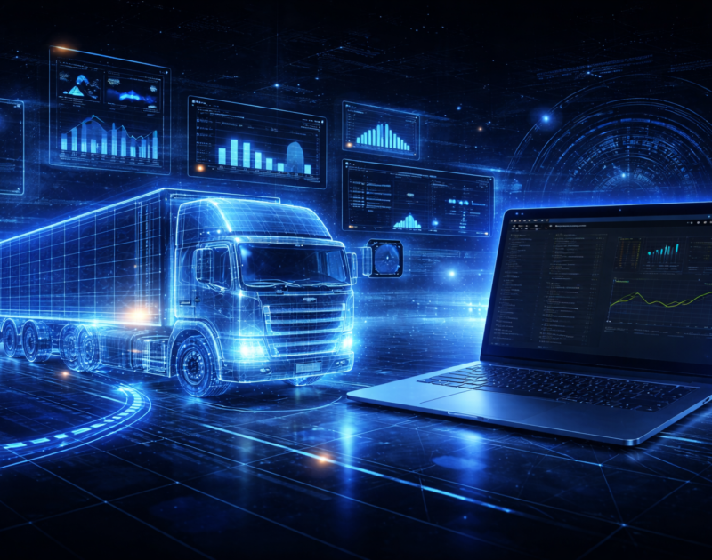 Futurystyczna wizualizacja ciężarówki w formie hologramu połączonej z laptopem i wykresami danych, symbolizująca zdalny monitoring parametrów pojazdu w czasie rzeczywistym w systemie ecoTRUCK.