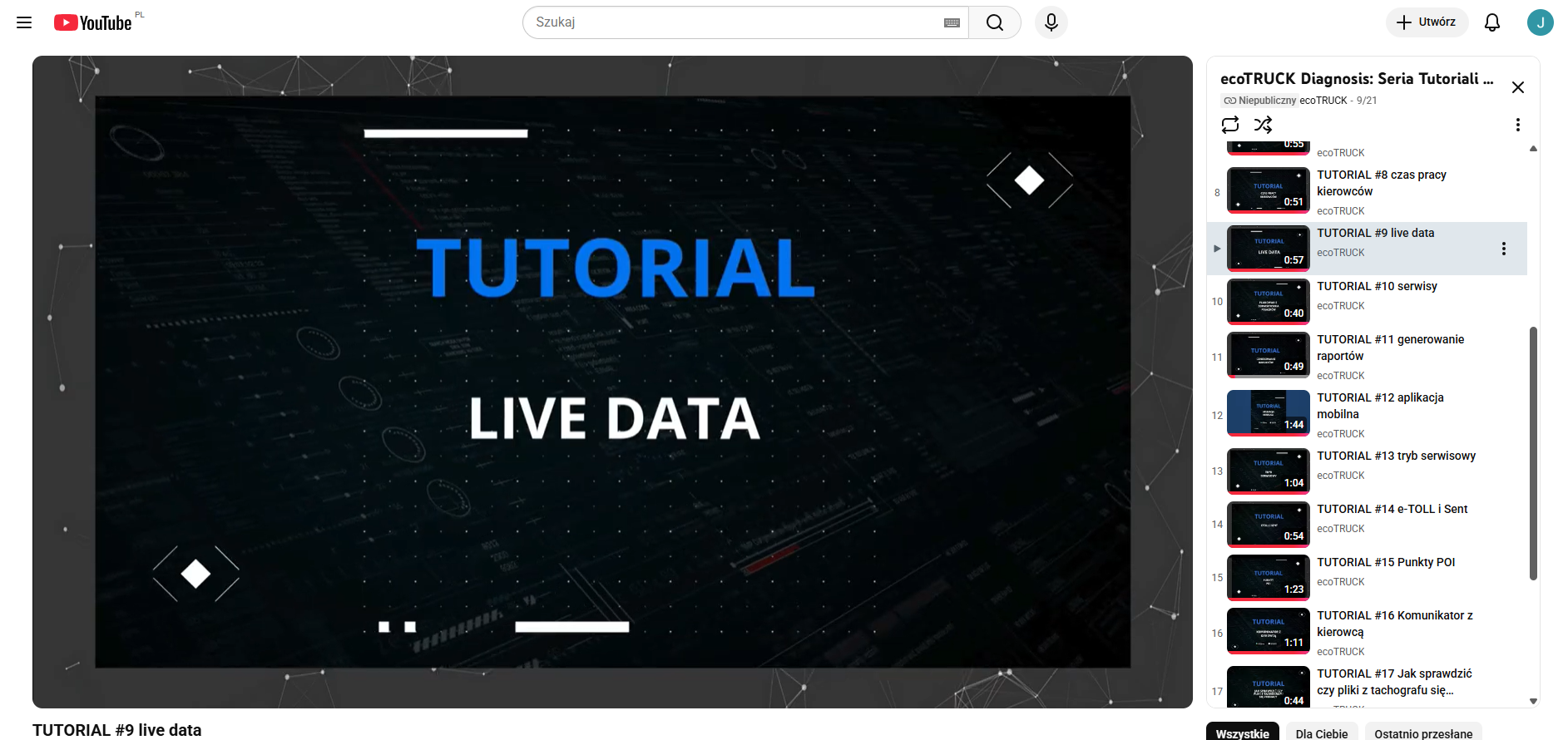 Ekran YouTube z tutorialem ecoTRUCK Diagnostis Live Data pokazującym monitoring parametrów pojazdu ciężarowego w czasie rzeczywistym.