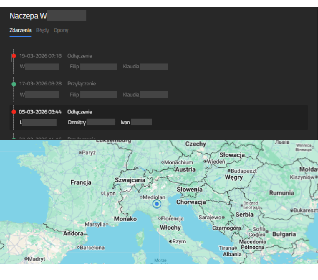 Panel systemu telematycznego pokazujący zdarzenia takie jak odłączenie i podłączenie naczepy wraz z datą i godziną.