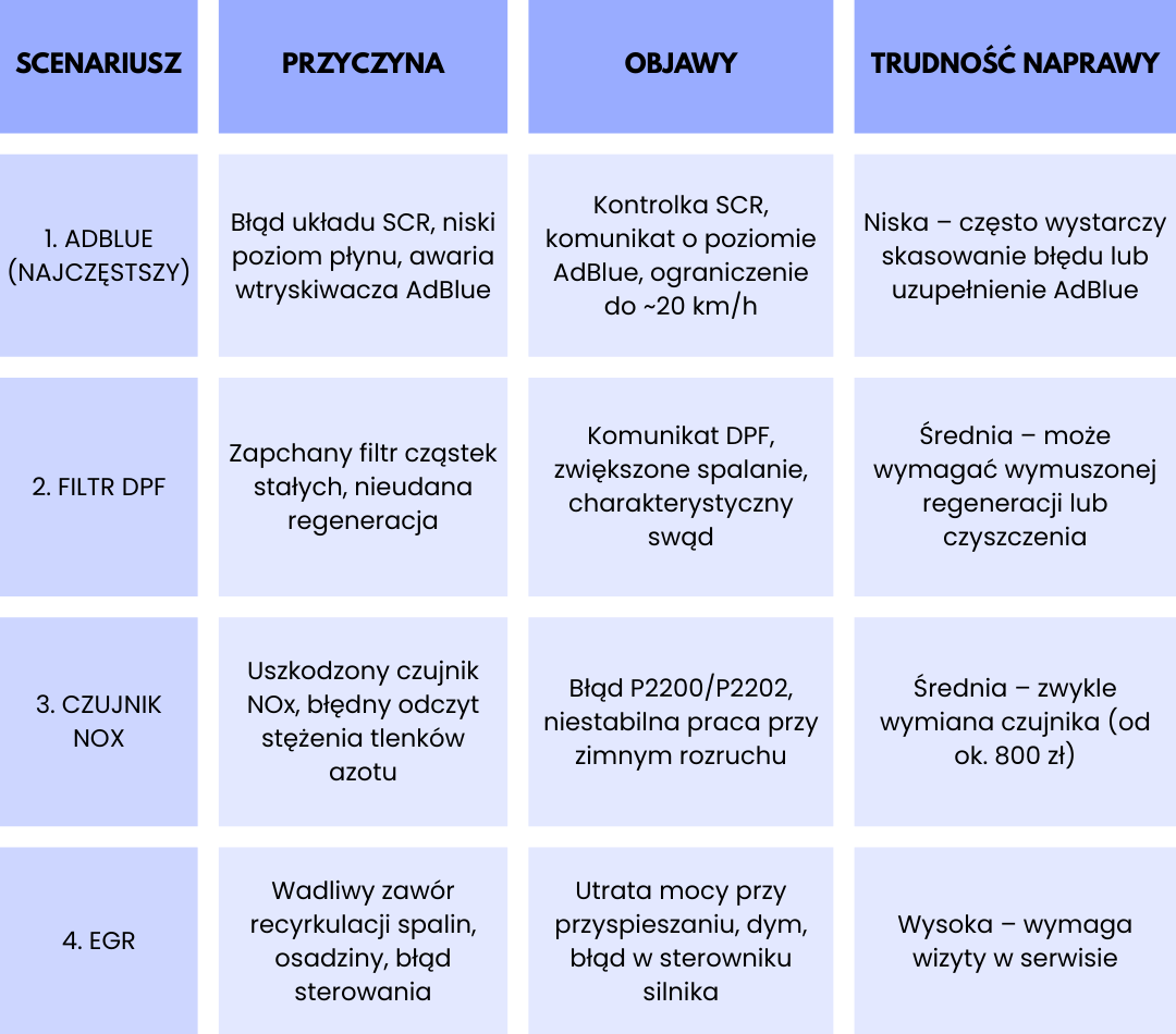 Tabela pokazująca najczęstsze usterki ciężarówek: AdBlue, filtr DPF, czujnik NOx i zawór EGR wraz z objawami i trudnością naprawy.