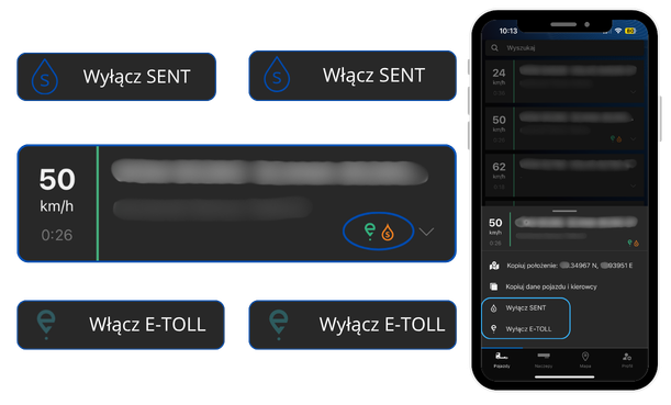 Widok aplikacji mobilnej umożliwiającej włączanie i wyłączanie systemów SENT oraz e-TOLL i monitorowanie przejazdu pojazdu