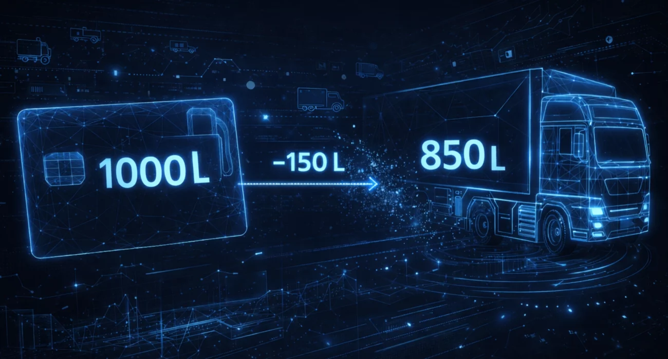 Ilustracja pokazująca różnicę między ilością paliwa zatankowanego kartą paliwową (1000 L) a rzeczywistym poziomem paliwa w ciężarówce (850 L), symbolizująca utratę 150 litrów paliwa we flocie.Ilustracja pokazująca różnicę między ilością paliwa zatankowanego kartą paliwową (1000 L) a rzeczywistym poziomem paliwa w ciężarówce (850 L), symbolizująca utratę 150 litrów paliwa we flocie.