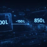 Ilustracja pokazująca różnicę między ilością paliwa zatankowanego kartą paliwową (1000 L) a rzeczywistym poziomem paliwa w ciężarówce (850 L), symbolizująca utratę 150 litrów paliwa we flocie.Ilustracja pokazująca różnicę między ilością paliwa zatankowanego kartą paliwową (1000 L) a rzeczywistym poziomem paliwa w ciężarówce (850 L), symbolizująca utratę 150 litrów paliwa we flocie.