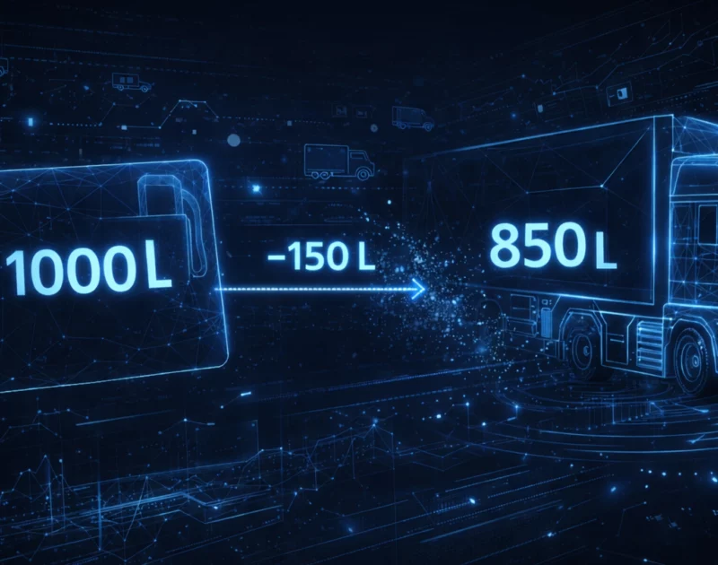 Ilustracja pokazująca różnicę między ilością paliwa zatankowanego kartą paliwową (1000 L) a rzeczywistym poziomem paliwa w ciężarówce (850 L), symbolizująca utratę 150 litrów paliwa we flocie.Ilustracja pokazująca różnicę między ilością paliwa zatankowanego kartą paliwową (1000 L) a rzeczywistym poziomem paliwa w ciężarówce (850 L), symbolizująca utratę 150 litrów paliwa we flocie.