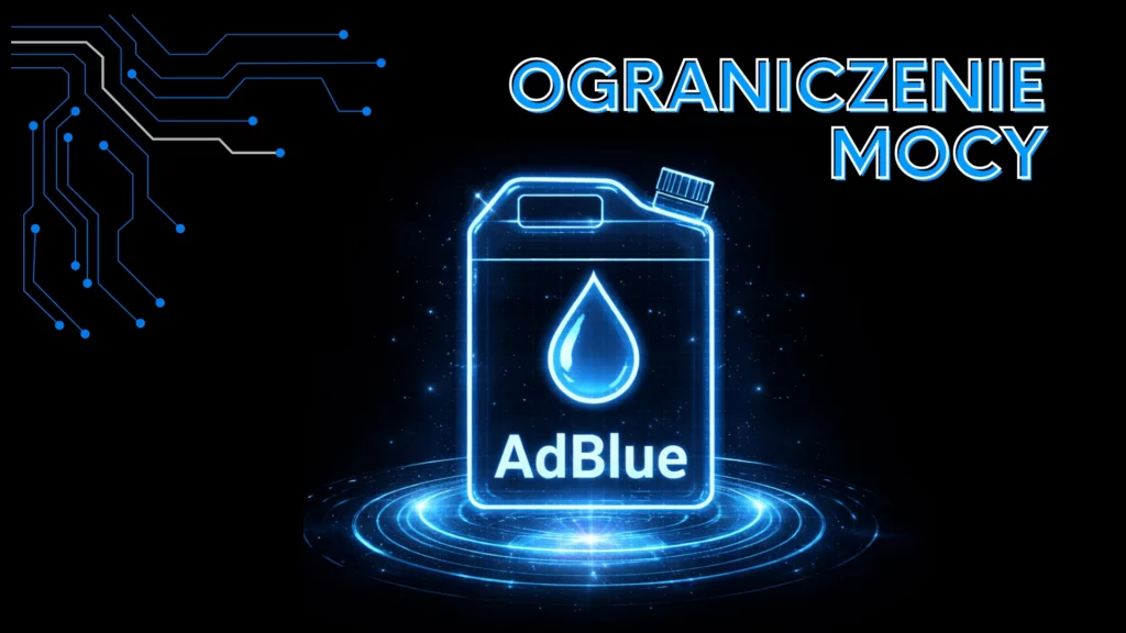 Grafika przedstawiająca kanister AdBlue z symbolem kropli oraz napis „Ograniczenie mocy”, symbolizująca problem systemu SCR w ciężarówce powodujący ograniczenie mocy silnika.