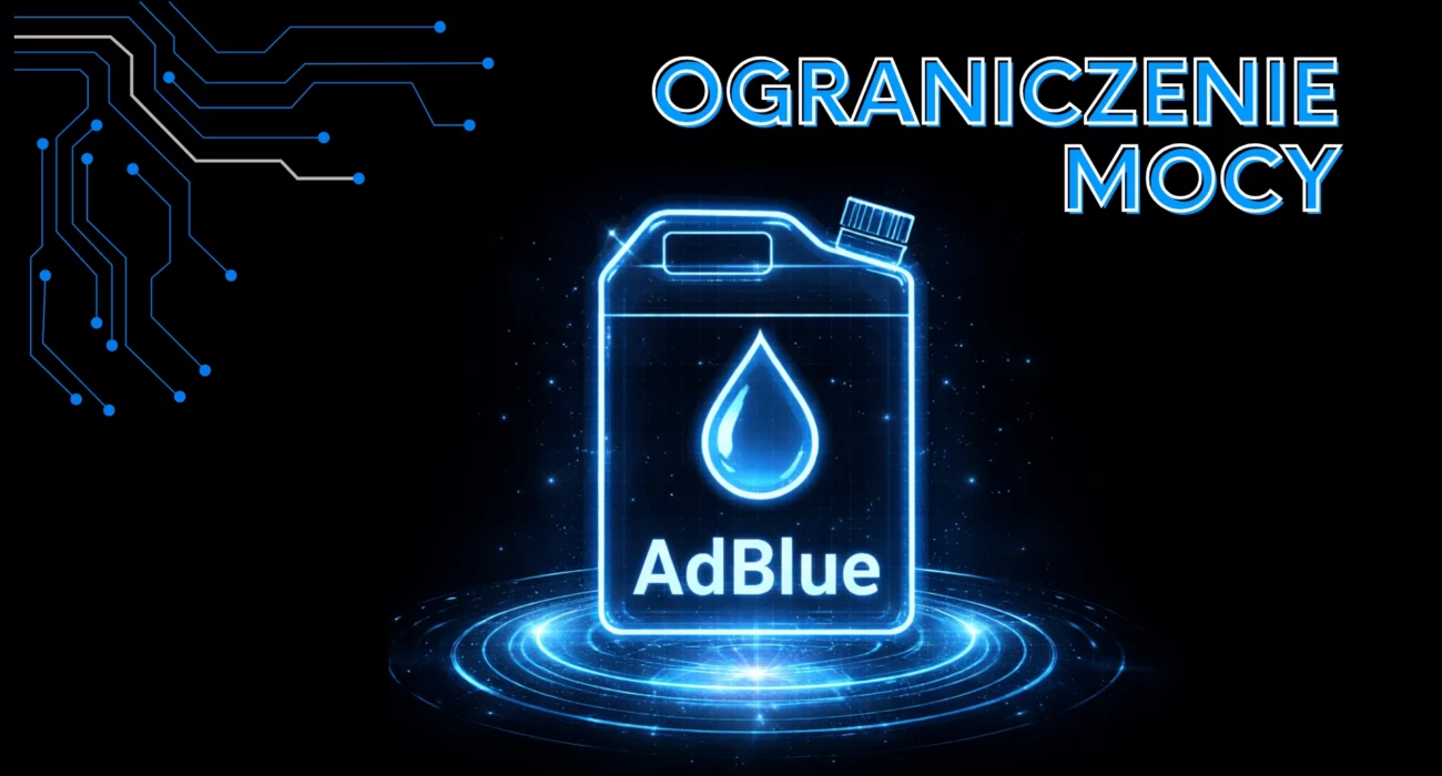 Grafika przedstawiająca kanister AdBlue z symbolem kropli oraz napis „Ograniczenie mocy”, symbolizująca problem systemu SCR w ciężarówce powodujący ograniczenie mocy silnika.