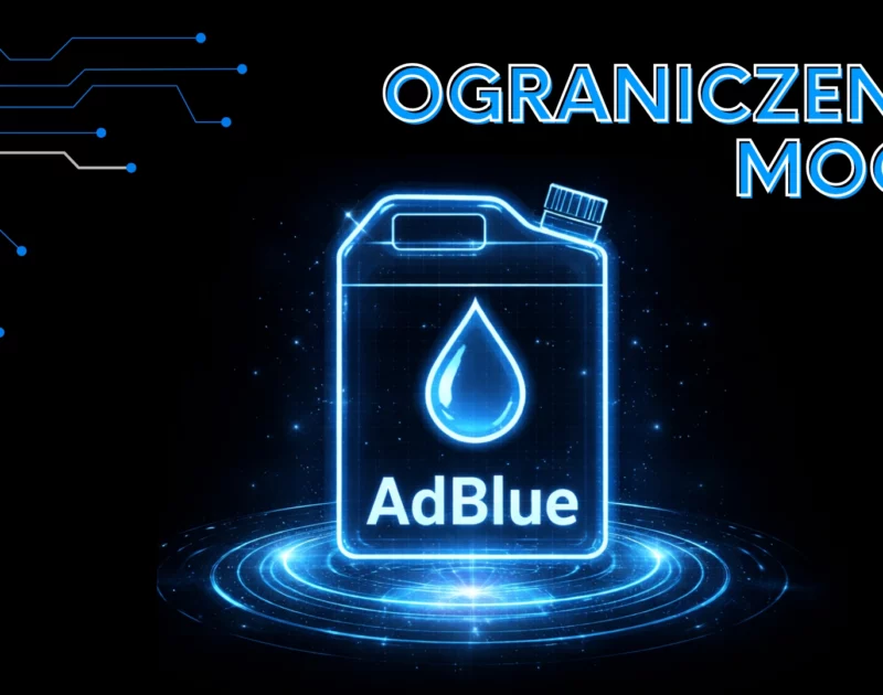 Grafika przedstawiająca kanister AdBlue z symbolem kropli oraz napis „Ograniczenie mocy”, symbolizująca problem systemu SCR w ciężarówce powodujący ograniczenie mocy silnika.