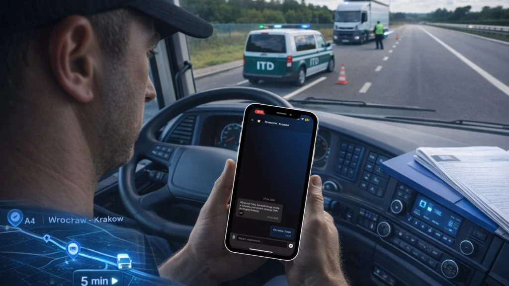 Kierowca ciężarówki w kabinie odczytuje wiadomość od dyspozytora w niebieskim interfejsie aplikacji flotowej ecoTRUCK, zbliżając się do punktu kontroli ITD na autostradzie A4.