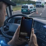 Kierowca ciężarówki w kabinie odczytuje wiadomość od dyspozytora w niebieskim interfejsie aplikacji flotowej ecoTRUCK, zbliżając się do punktu kontroli ITD na autostradzie A4.