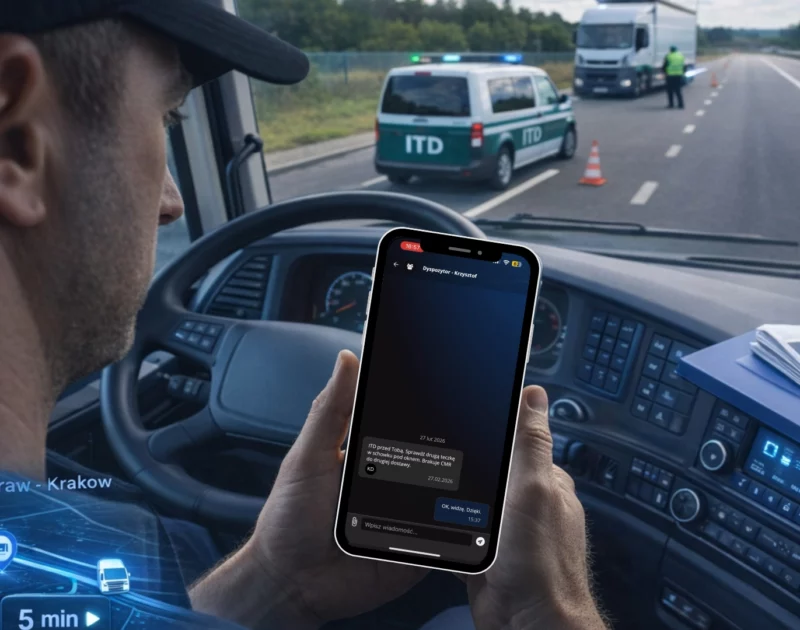 Kierowca ciężarówki w kabinie odczytuje wiadomość od dyspozytora w niebieskim interfejsie aplikacji flotowej ecoTRUCK, zbliżając się do punktu kontroli ITD na autostradzie A4.