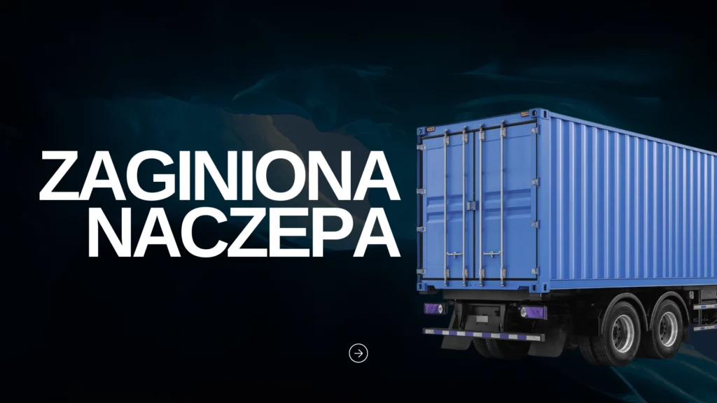 Grafika przedstawiająca naczepę ciężarówki z napisem „Zaginiona naczepa”, symbolizująca problem kradzieży i zaginięć w transporcie drogowym