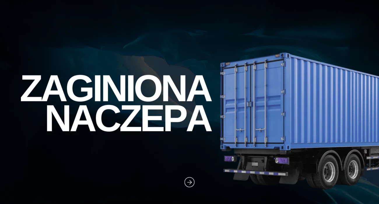 Grafika przedstawiająca naczepę ciężarówki z napisem „Zaginiona naczepa”, symbolizująca problem kradzieży i zaginięć w transporcie drogowym