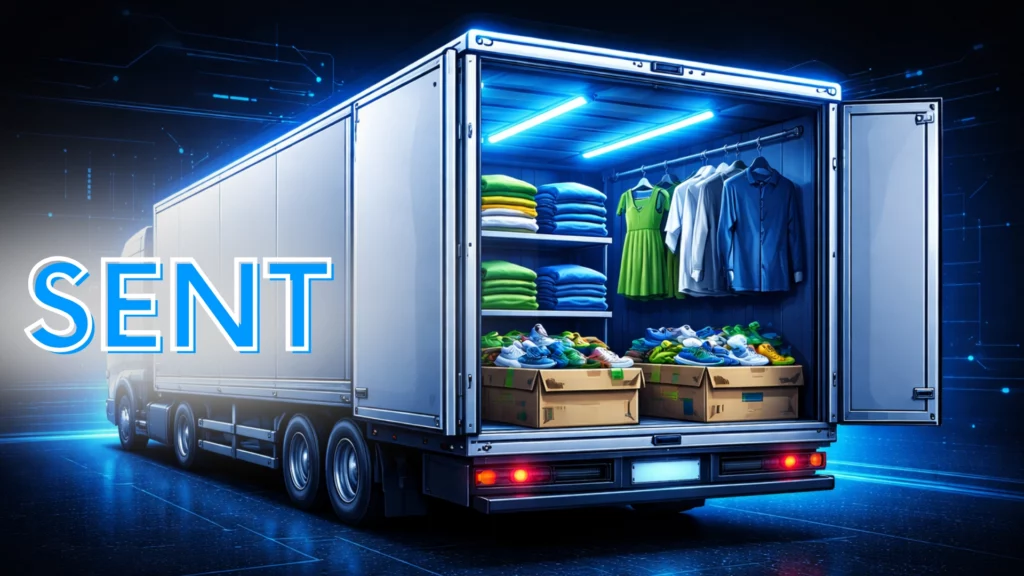 Futurystyczna grafika przedstawiająca otwartą naczepę ciężarówki z widocznym ładunkiem odzieży i obuwia, na tle ciemnego, technologicznego interfejsu w niebieskiej kolorystyce