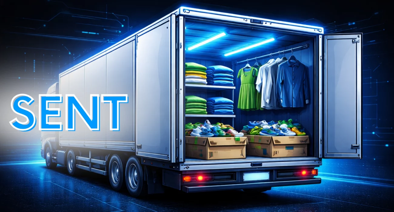 Futurystyczna grafika przedstawiająca otwartą naczepę ciężarówki z widocznym ładunkiem odzieży i obuwia, na tle ciemnego, technologicznego interfejsu w niebieskiej kolorystyce