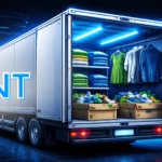 Futurystyczna grafika przedstawiająca otwartą naczepę ciężarówki z widocznym ładunkiem odzieży i obuwia, na tle ciemnego, technologicznego interfejsu w niebieskiej kolorystyce