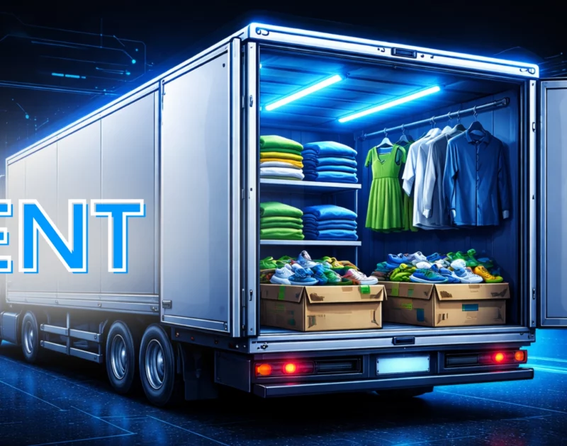 Futurystyczna grafika przedstawiająca otwartą naczepę ciężarówki z widocznym ładunkiem odzieży i obuwia, na tle ciemnego, technologicznego interfejsu w niebieskiej kolorystyce