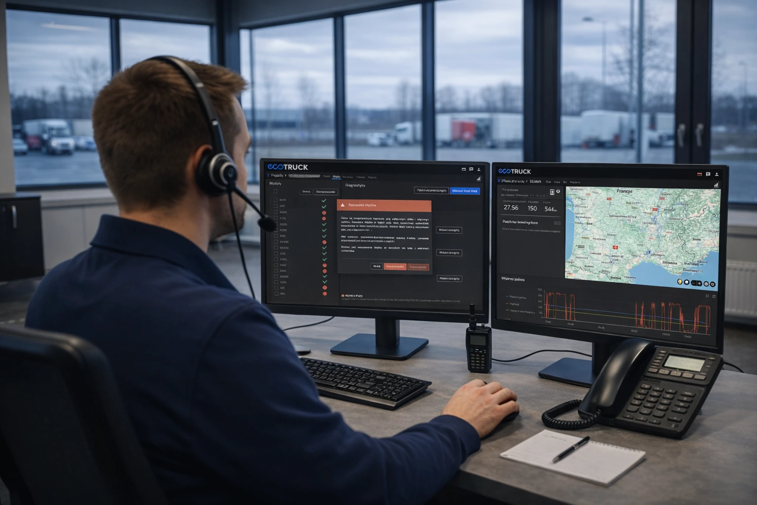 Dyspozytor floty pracujący przy dwóch monitorach z systemem ecoTRUCK pokazującym mapę GPS i dane pojazdów