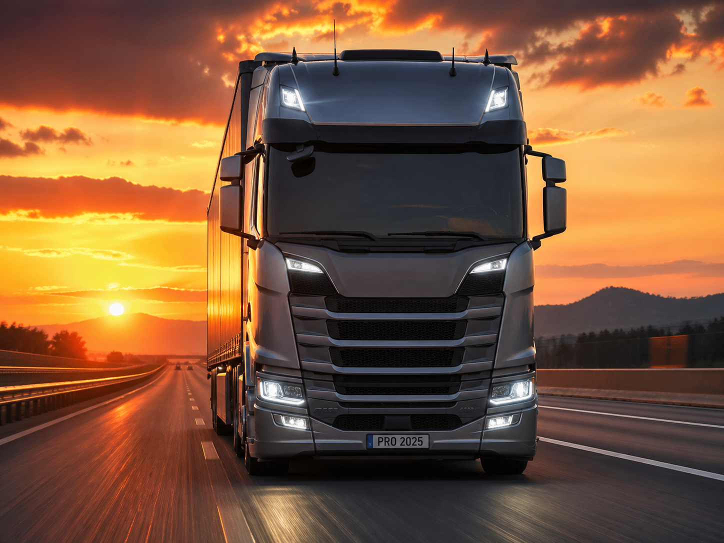 Nowoczesna ciężarówka jadąca autostradą o zachodzie słońca, ujęcie od przodu