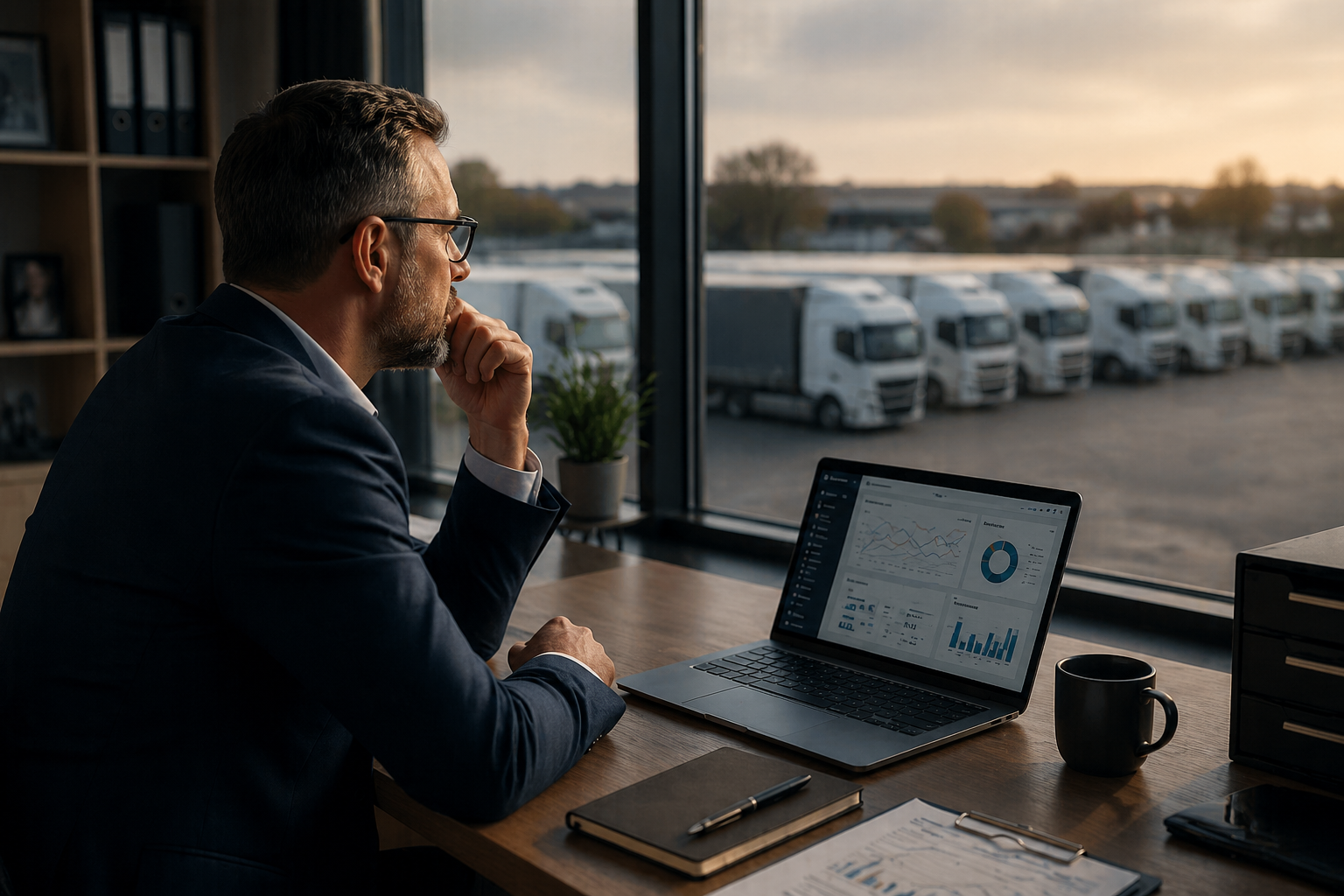 Właściciel firmy transportowej analizuje dane na laptopie, patrząc na flotę ciężarówek za oknem