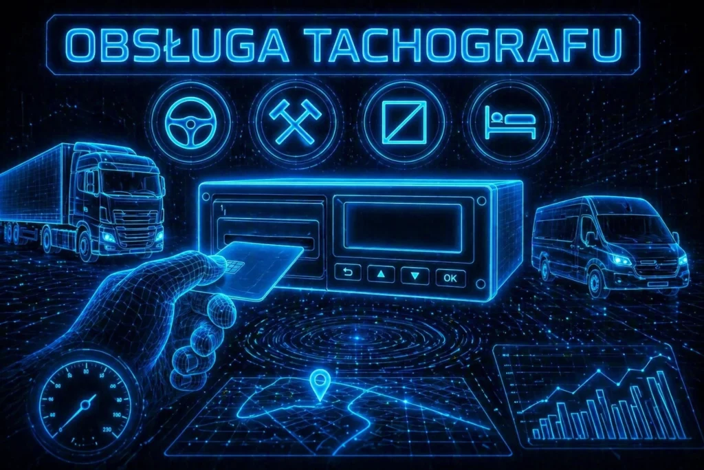 Futurystyczna grafika HUD w stylu neonowym przedstawiająca obsługę tachografu cyfrowego – ręka wkłada kartę do urządzenia, obok ciężarówka i bus, ikony trybów pracy oraz cyfrowa siatka danych w tle.