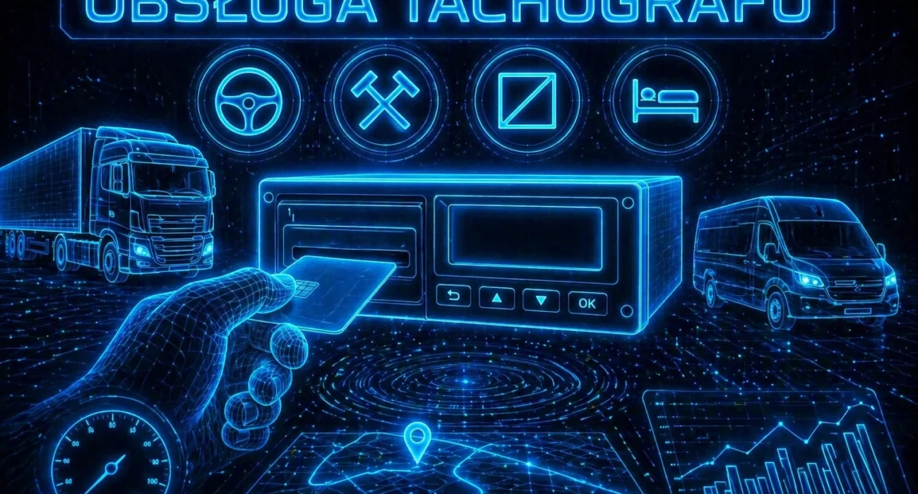 Futurystyczna grafika HUD w stylu neonowym przedstawiająca obsługę tachografu cyfrowego – ręka wkłada kartę do urządzenia, obok ciężarówka i bus, ikony trybów pracy oraz cyfrowa siatka danych w tle.