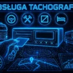 Futurystyczna grafika HUD w stylu neonowym przedstawiająca obsługę tachografu cyfrowego – ręka wkłada kartę do urządzenia, obok ciężarówka i bus, ikony trybów pracy oraz cyfrowa siatka danych w tle.