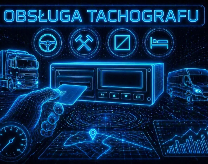 Futurystyczna grafika HUD w stylu neonowym przedstawiająca obsługę tachografu cyfrowego – ręka wkłada kartę do urządzenia, obok ciężarówka i bus, ikony trybów pracy oraz cyfrowa siatka danych w tle.