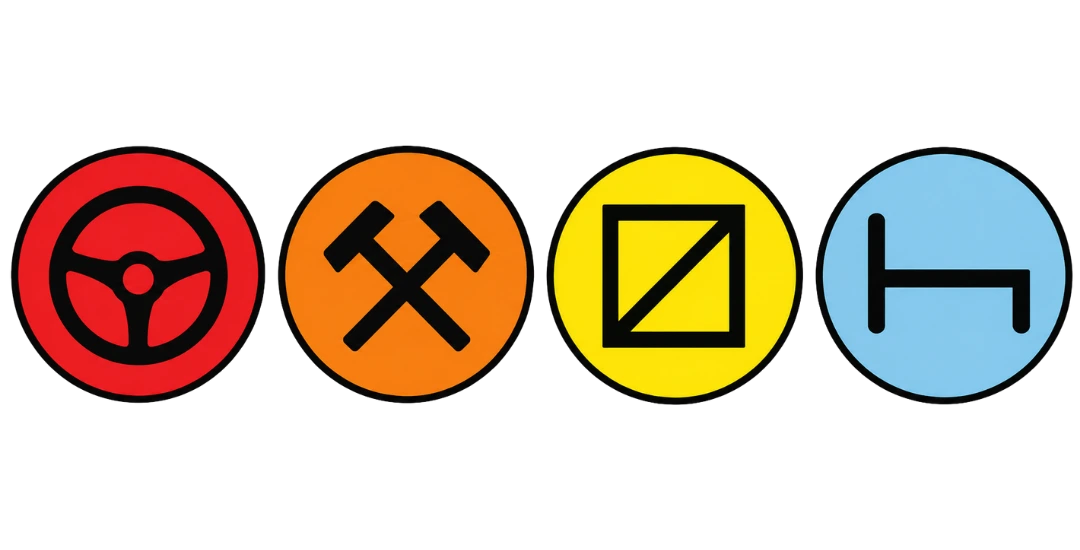 Ikony tachografu: jazda (kierownica), praca (młotki), dyspozycyjność (kwadrat), odpoczynek (łóżko)